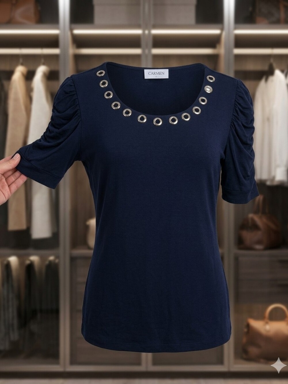 Carmen Marc Valvo Navy Scoop Neck Top with Silver Eyelets